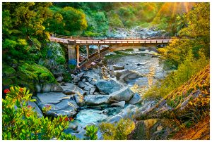 Twilight view of the Yuba River at the 49er bridge.