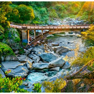 Twilight view of the Yuba River at the 49er bridge.